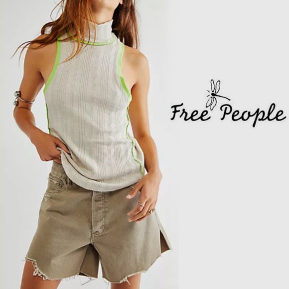Free People Tops - NWOT Free People Marley Neon Green Contrast Striped Sleeveless Ribbed Mock Top